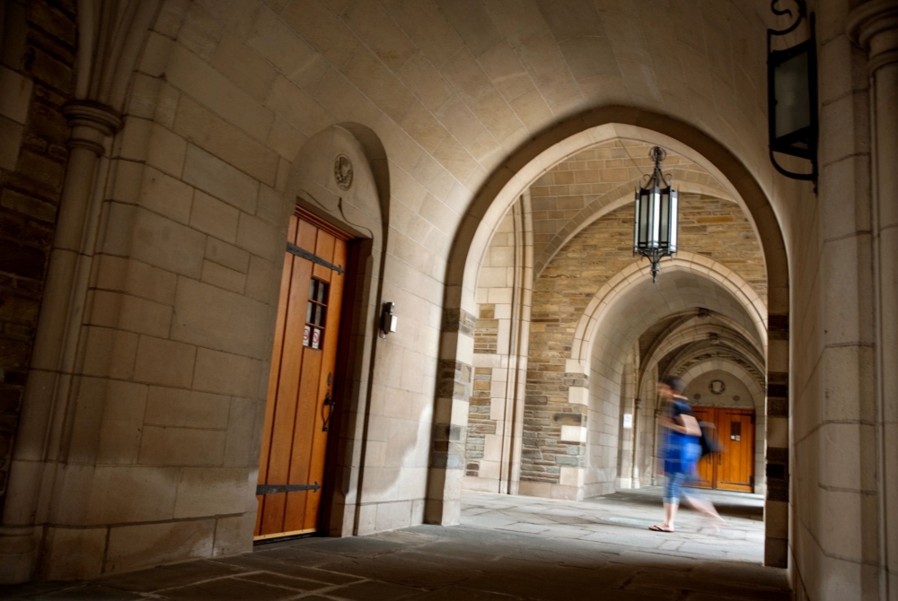 person walking through a covered stone archway